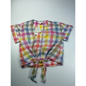 Charter Club Linen Tie-Front Top Plaid‎ Short Sleeve Luxury PP